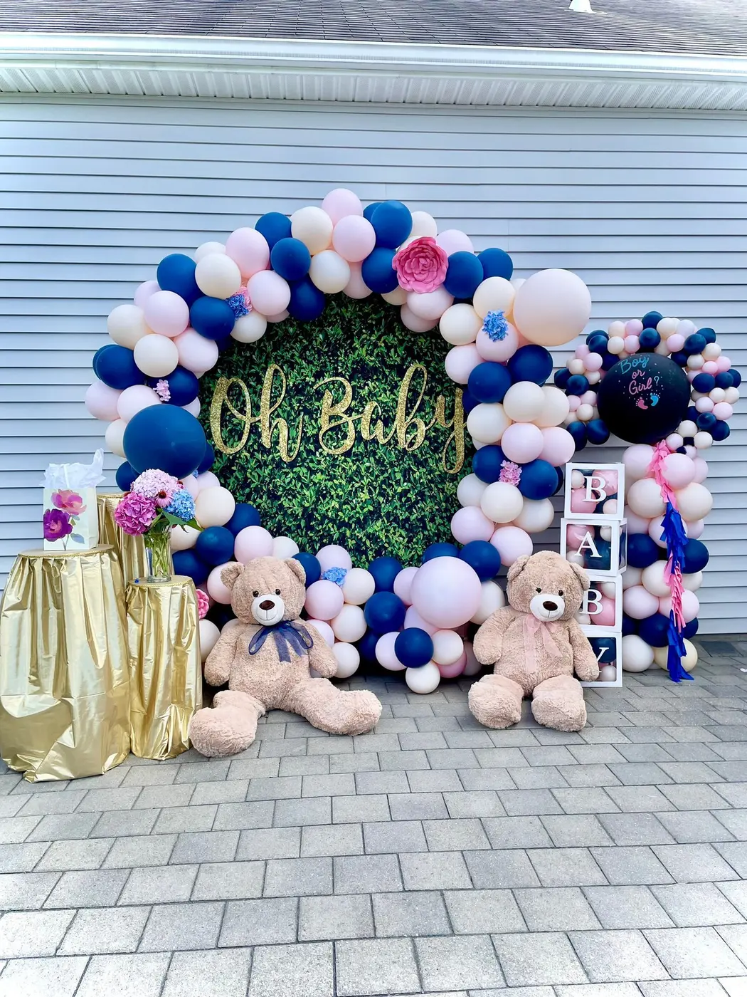 Navy, blush and white balloon arch around an Oh Baby backdrop with teddy bears, by Balloon Events by Gigi, Rochester NY